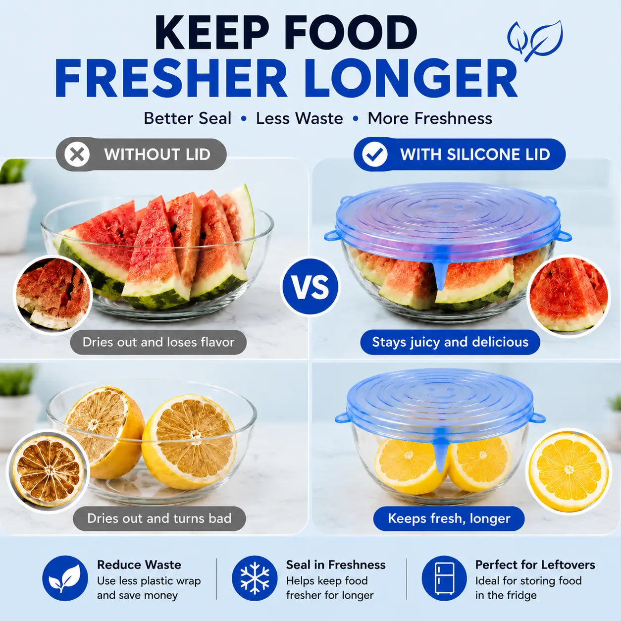 6-Pack Silicone Stretch Lids (2.6In, 3.7In, 4.3In, 5.5In, 6.3In, 7.7In) - Bpa-Free Food-Grade Reusable Covers for Bowls, Pots, Cups