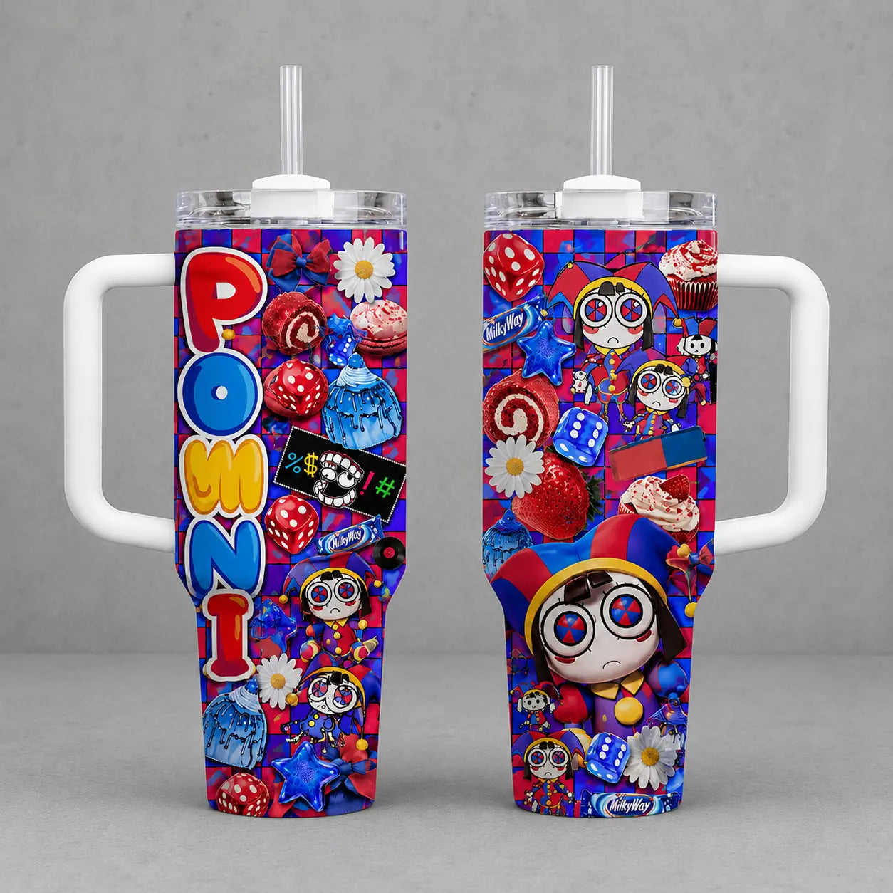 Jax the Amazing Digital Circus Tumbler 40/30/20Oz Insulated Cup with Handle, Purple Rabbit Colorful Cartoon Travel Mug Gift