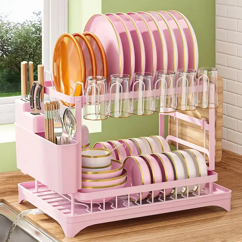 Dish Drying Rack, 2 Tier Large Dish Drying Rack for Kitchen Counter with Drainboard, Carbon Steel Dish Drainer with Anti-Rust Coating for Dish/Knifes/Cup/Cutting Board, Black