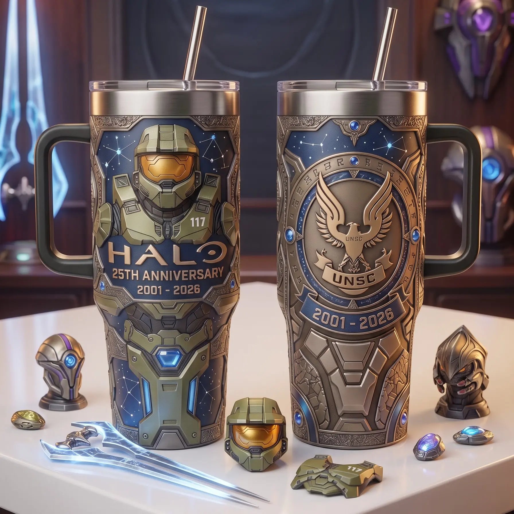 HAL0 25Th Anniversary Black Handle Tumbler 40Oz, Legends Never Die, HALO Merch Unique Cup
