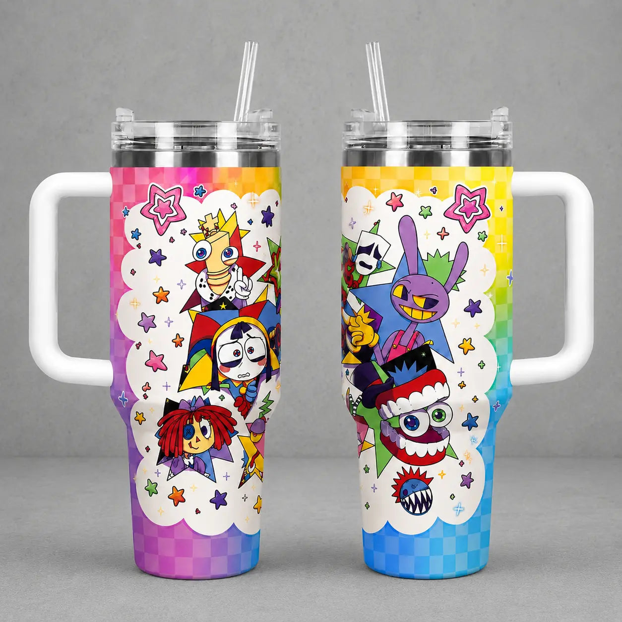 Jax the Amazing Digital Circus Tumbler 40/30/20Oz Insulated Cup with Handle, Purple Rabbit Colorful Cartoon Travel Mug Gift