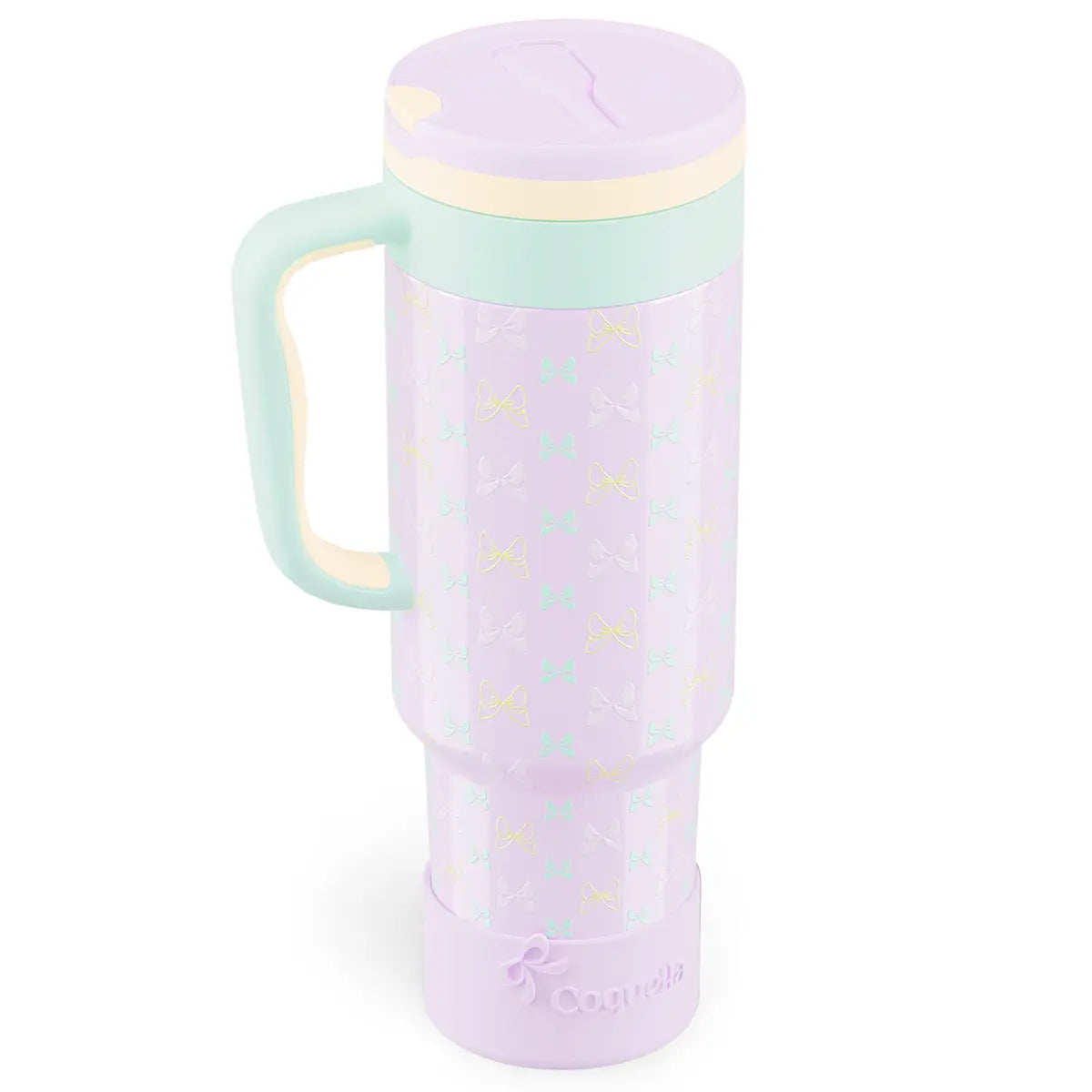 Coquella 40 Oz Insulated Tumbler with Handle and Push-Button Straw Lid, Stainless Steel Travel Cup for Gym Office, Leakproof, Bpa-Free, Cup Holder Friendly, Bow Silicone Boot, Pink (Rose Quartz)
