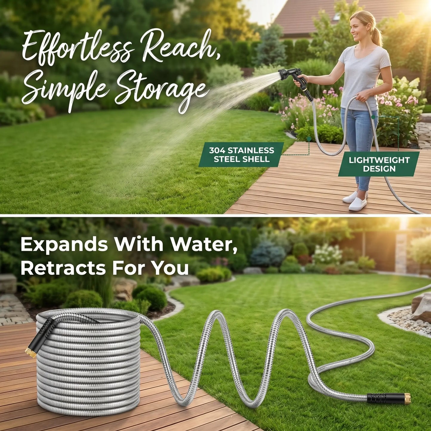 IRONFIX Smart Stainless Steel Garden Hose (50Ft/100Ft) - Heavy Duty Water Hose, 10-Functional Nozzles, Anti-Kink, Lightweight, Flexible, Leakproof Gaskets, Coiled, Stable Flow, Easy Storage & Use, All-Seasons Outdoor Lawn Watering Accessory