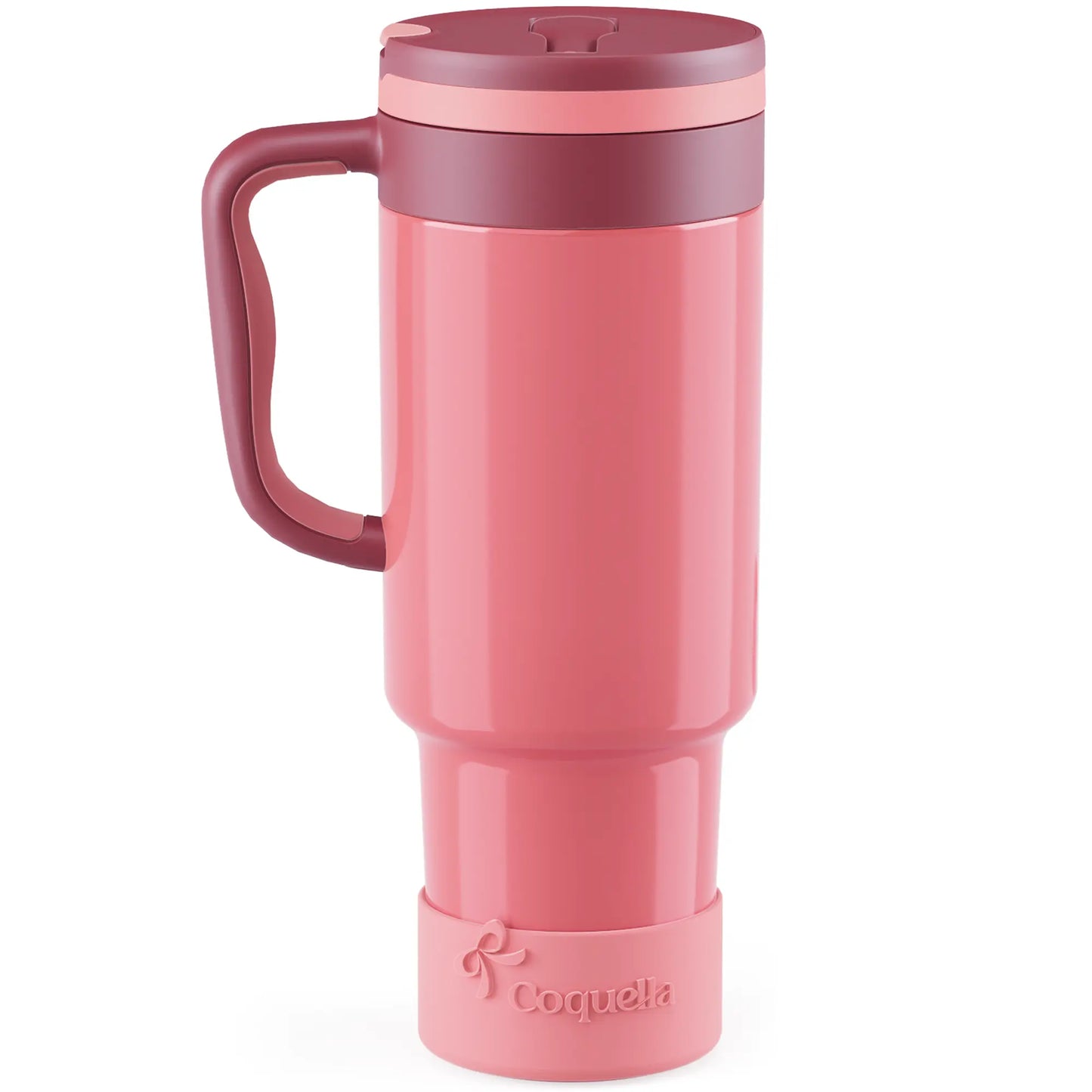 Coquella 40 Oz Insulated Tumbler with Handle and Push-Button Straw Lid, Stainless Steel Travel Cup for Gym Office, Leakproof, Bpa-Free, Cup Holder Friendly, Bow Silicone Boot, Pink (Rose Quartz)