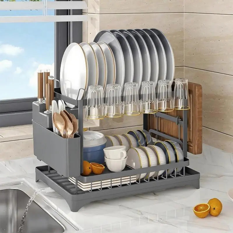 Dish Drying Rack, 2 Tier Large Dish Drying Rack for Kitchen Counter with Drainboard, Carbon Steel Dish Drainer with Anti-Rust Coating for Dish/Knifes/Cup/Cutting Board, Black