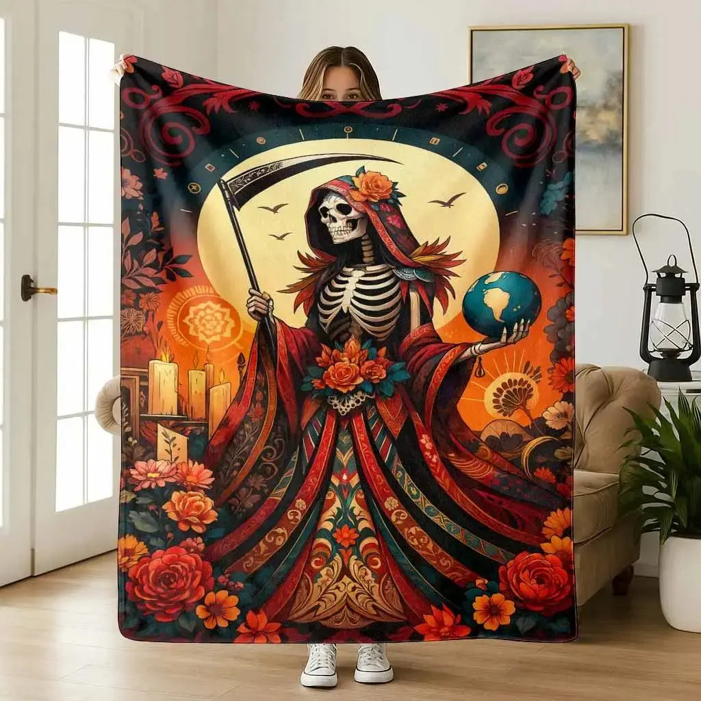 Santa Muerte Flannel Blanket Super Soft Warm Cozy Acceptance of Fate Theme Throw for Couch Bed Living Room Travel Home Decor Unique Birthday Christmas Gift