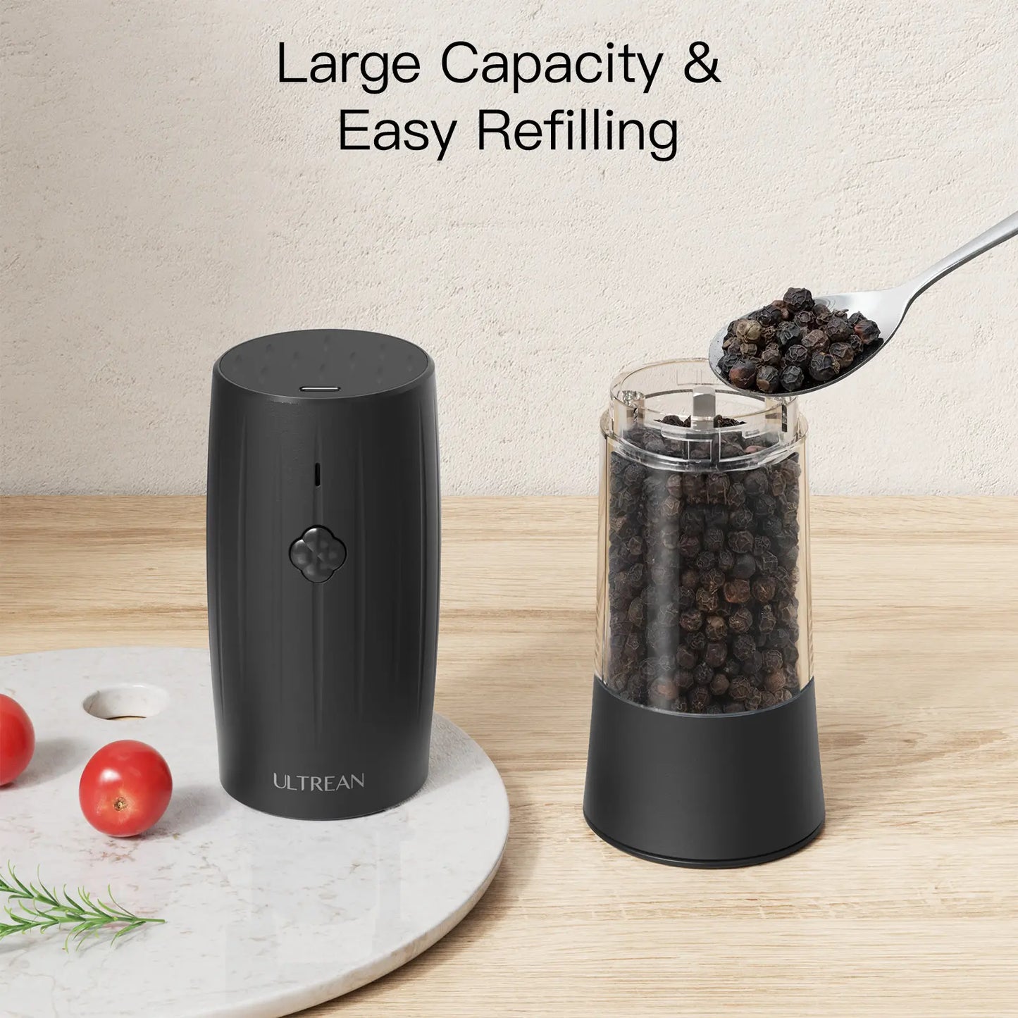 Ultrean Rechargeable Electric Salt and Pepper Grinder Set - Modern Cylindrical ABS Plastic Seasoning Utensils with 6 Adjustable Coarseness, Coarse Control, LED Light, Sky Blue Kitchen Gadget, Housewarming Gift