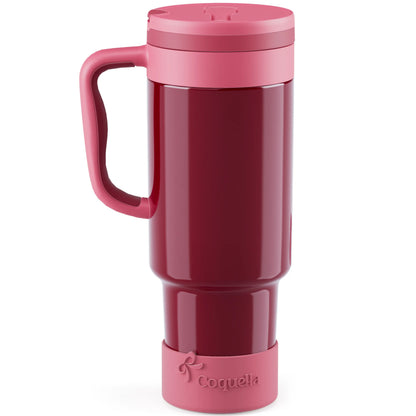 Coquella 40 Oz Insulated Tumbler with Handle and Push-Button Straw Lid, Stainless Steel Travel Cup for Gym Office, Leakproof, Bpa-Free, Cup Holder Friendly, Bow Silicone Boot, Pink (Rose Quartz)