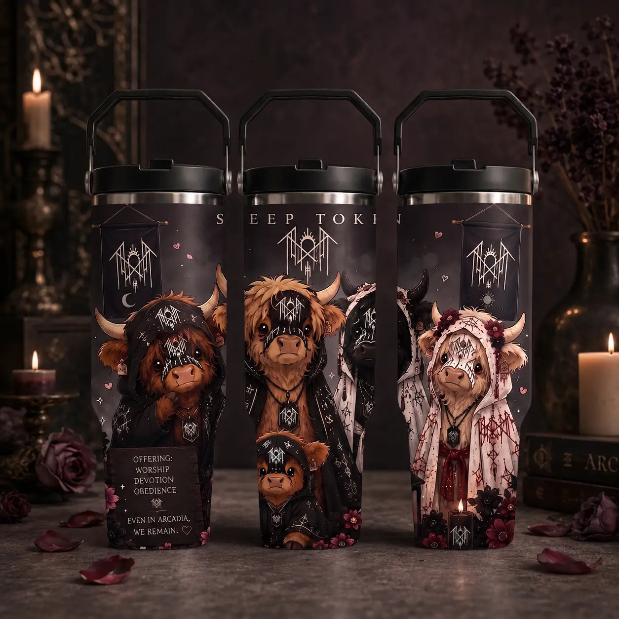 Sleep Token Highland Cow 40Oz 30Oz 20Oz Tumbler with Handle, Gothic Dark Floral Insulated Travel Cup with Straw, Gift for Fans