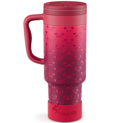 Coquella 40 Oz Insulated Tumbler with Handle and Push-Button Straw Lid, Stainless Steel Travel Cup for Gym Office, Leakproof, Bpa-Free, Cup Holder Friendly, Bow Silicone Boot, Pink (Rose Quartz)