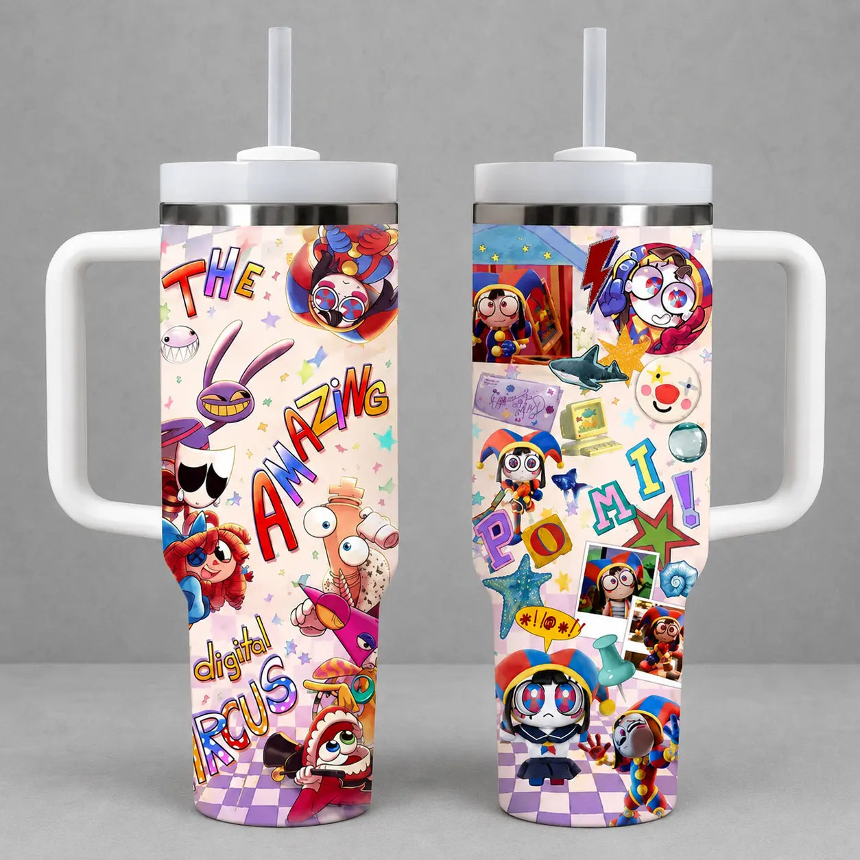 Jax the Amazing Digital Circus Tumbler 40/30/20Oz Insulated Cup with Handle, Purple Rabbit Colorful Cartoon Travel Mug Gift