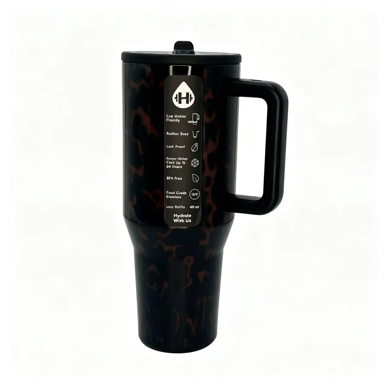 Hydrojug 40Oz (1000-2000Ml) Insulated Stainless Steel Flask Tumbler - Dark Brown Tortoise Shell Print, Portable Bpa-Free Leakproof Mug, Handle, Straw Lid, Vehicle Holders, 24H Cold Hold for Gym, Driving, Flasks, Bottled