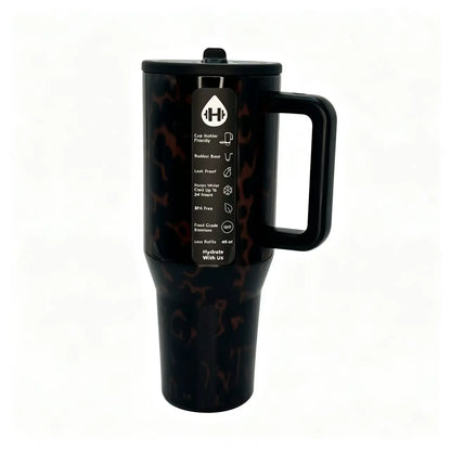 Hydrojug 40Oz (1000-2000Ml) Insulated Stainless Steel Flask Tumbler - Dark Brown Tortoise Shell Print, Portable Bpa-Free Leakproof Mug, Handle, Straw Lid, Vehicle Holders, 24H Cold Hold for Gym, Driving, Flasks, Bottled