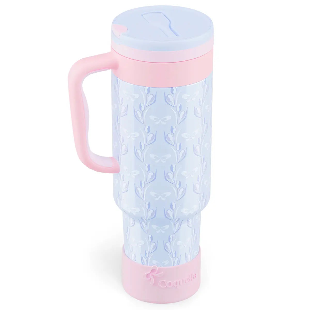 Coquella 40 Oz Insulated Tumbler with Handle and Push-Button Straw Lid, Stainless Steel Travel Cup for Gym Office, Leakproof, Bpa-Free, Cup Holder Friendly, Bow Silicone Boot, Pink (Rose Quartz)