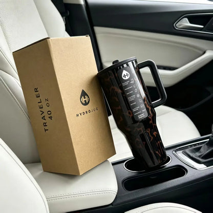 Hydrojug 40Oz (1000-2000Ml) Insulated Stainless Steel Flask Tumbler - Dark Brown Tortoise Shell Print, Portable Bpa-Free Leakproof Mug, Handle, Straw Lid, Vehicle Holders, 24H Cold Hold for Gym, Driving, Flasks, Bottled