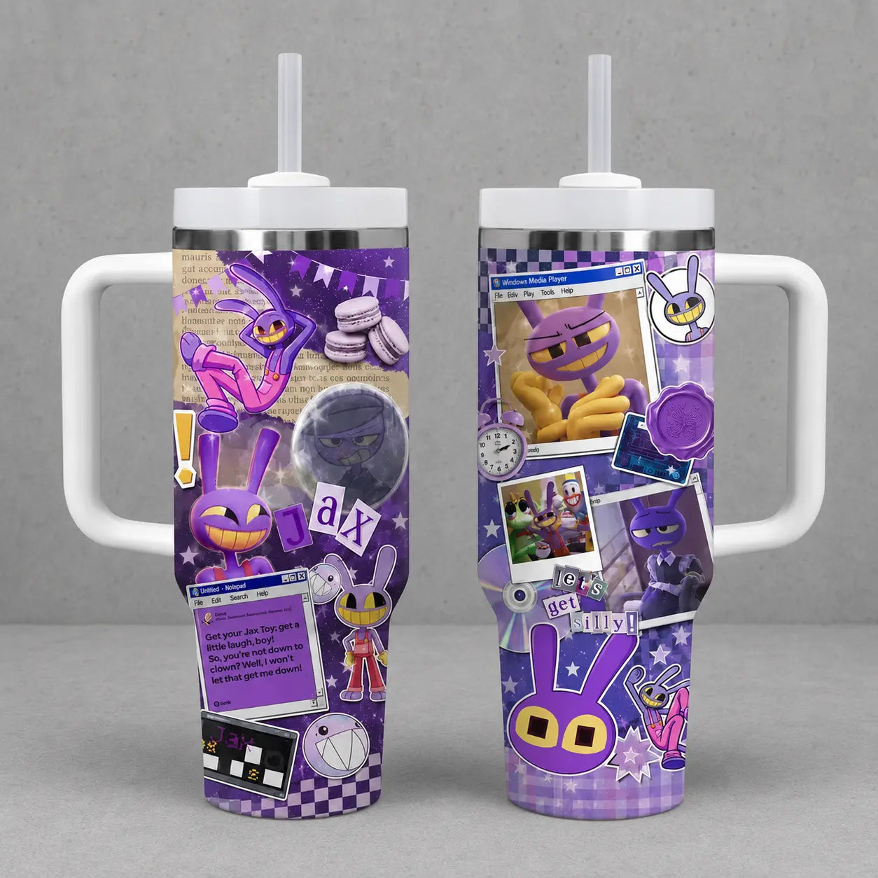 Jax the Amazing Digital Circus Tumbler 40/30/20Oz Insulated Cup with Handle, Purple Rabbit Colorful Cartoon Travel Mug Gift