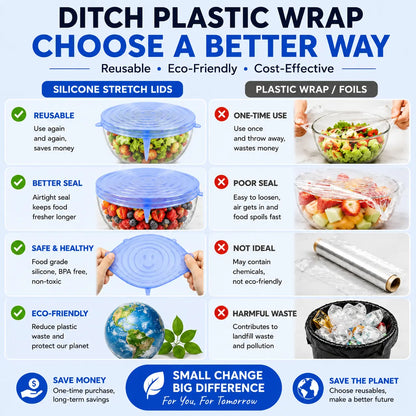 6-Pack Silicone Stretch Lids (2.6In, 3.7In, 4.3In, 5.5In, 6.3In, 7.7In) - Bpa-Free Food-Grade Reusable Covers for Bowls, Pots, Cups