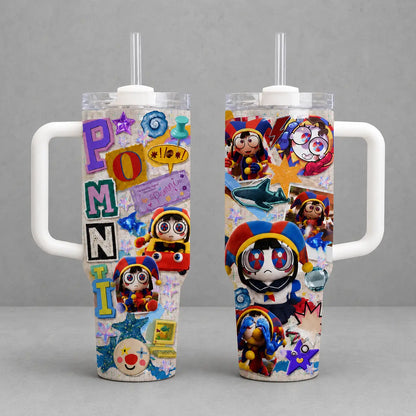 Jax the Amazing Digital Circus Tumbler 40/30/20Oz Insulated Cup with Handle, Purple Rabbit Colorful Cartoon Travel Mug Gift