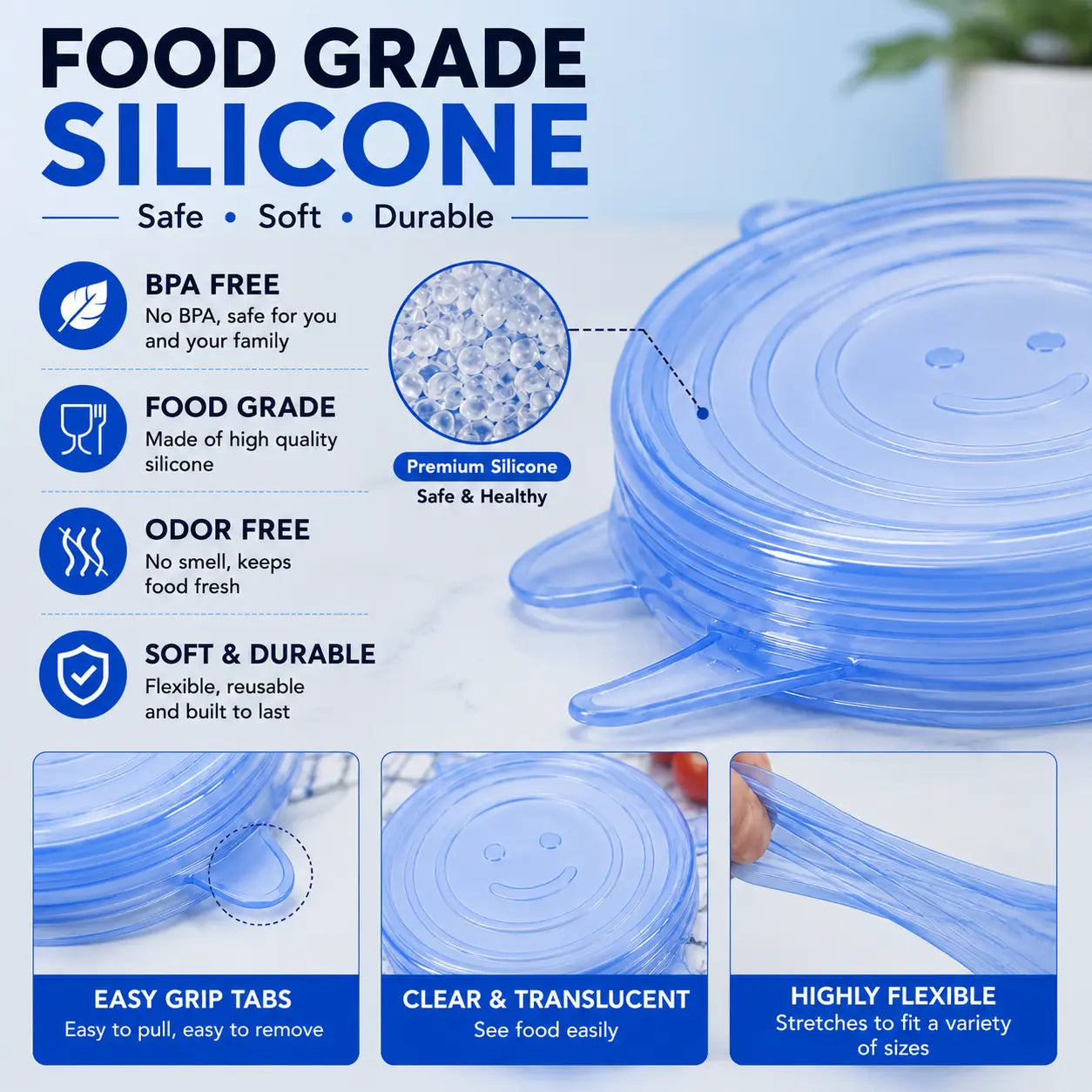 6-Pack Silicone Stretch Lids (2.6In, 3.7In, 4.3In, 5.5In, 6.3In, 7.7In) - Bpa-Free Food-Grade Reusable Covers for Bowls, Pots, Cups