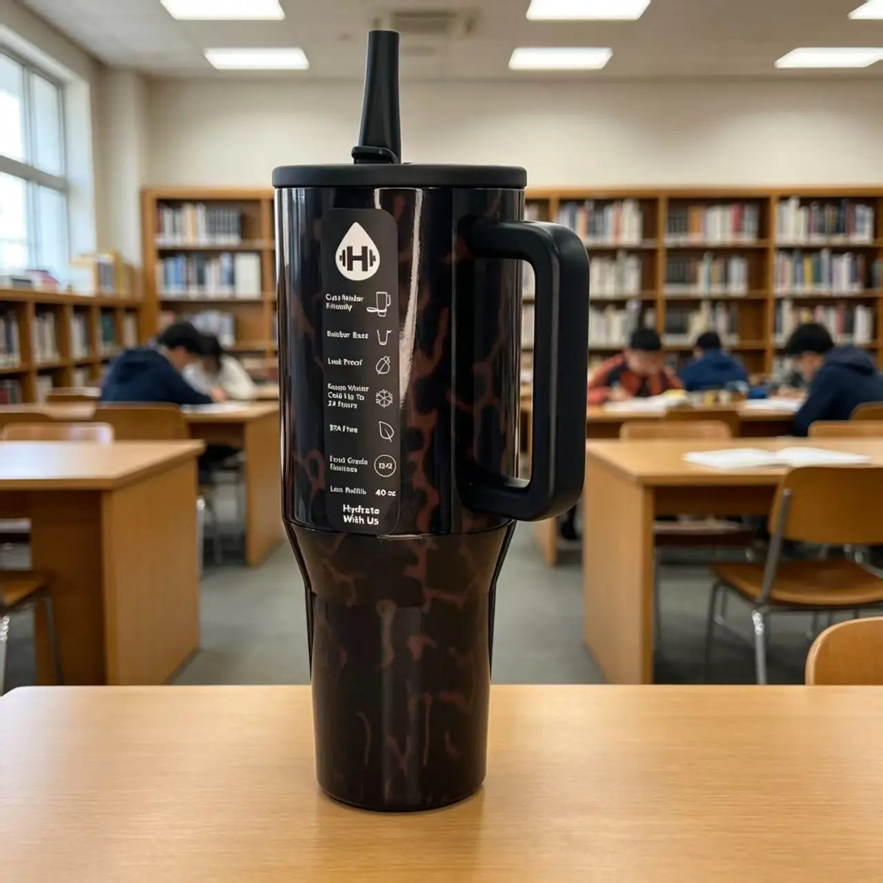 Hydrojug 40Oz (1000-2000Ml) Insulated Stainless Steel Flask Tumbler - Dark Brown Tortoise Shell Print, Portable Bpa-Free Leakproof Mug, Handle, Straw Lid, Vehicle Holders, 24H Cold Hold for Gym, Driving, Flasks, Bottled