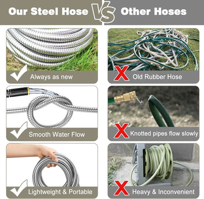 IRONFIX Smart Stainless Steel Garden Hose (50Ft/100Ft) - Heavy Duty Water Hose, 10-Functional Nozzles, Anti-Kink, Lightweight, Flexible, Leakproof Gaskets, Coiled, Stable Flow, Easy Storage & Use, All-Seasons Outdoor Lawn Watering Accessory