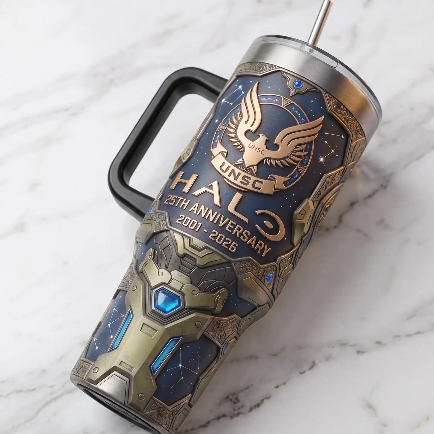 HAL0 25Th Anniversary Black Handle Tumbler 40Oz, Legends Never Die, HALO Merch Unique Cup