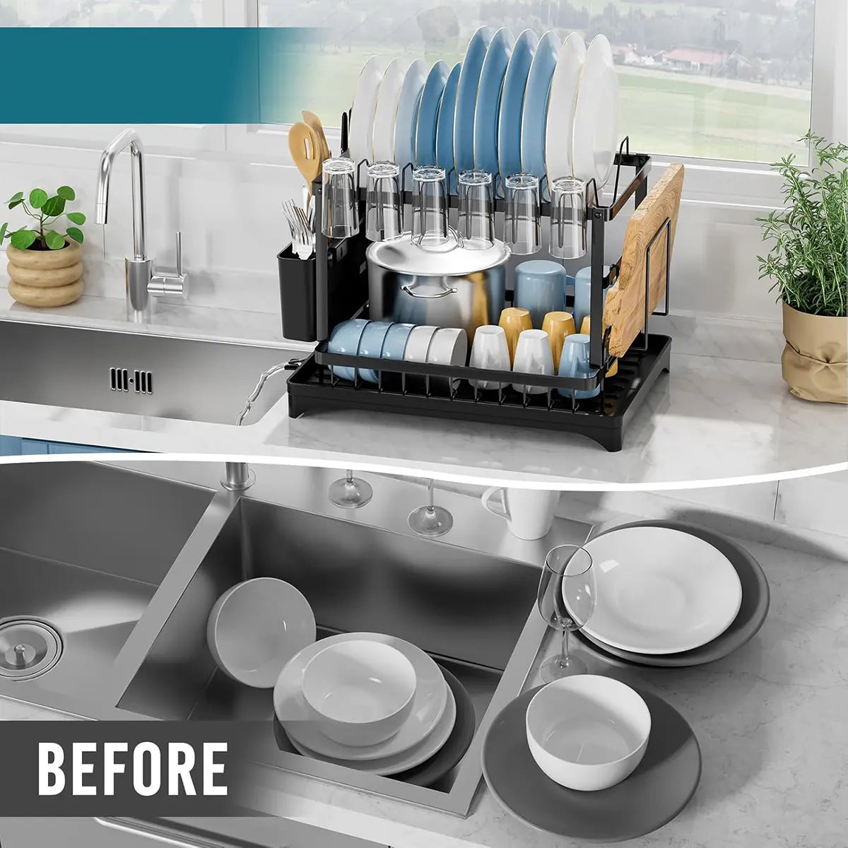 Dish Drying Rack, 2 Tier Large Dish Drying Rack for Kitchen Counter with Drainboard, Carbon Steel Dish Drainer with Anti-Rust Coating for Dish/Knifes/Cup/Cutting Board, Black