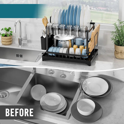 Dish Drying Rack, 2 Tier Large Dish Drying Rack for Kitchen Counter with Drainboard, Carbon Steel Dish Drainer with Anti-Rust Coating for Dish/Knifes/Cup/Cutting Board, Black