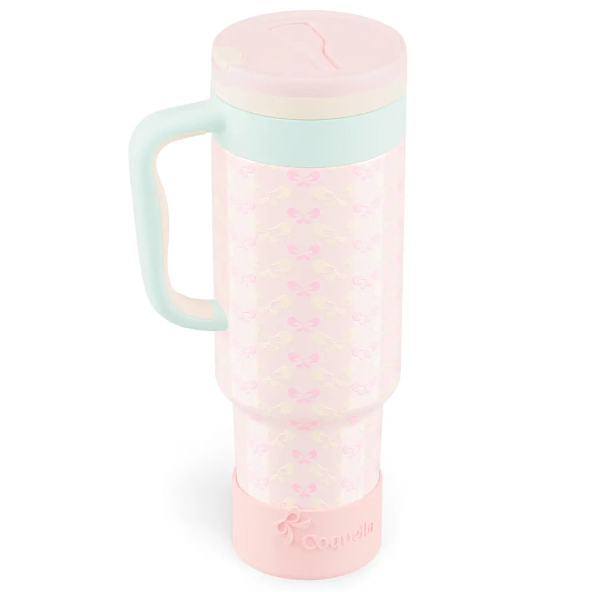 Coquella 40 Oz Insulated Tumbler with Handle and Push-Button Straw Lid, Stainless Steel Travel Cup for Gym Office, Leakproof, Bpa-Free, Cup Holder Friendly, Bow Silicone Boot, Pink (Rose Quartz)