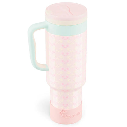 Coquella 40 Oz Insulated Tumbler with Handle and Push-Button Straw Lid, Stainless Steel Travel Cup for Gym Office, Leakproof, Bpa-Free, Cup Holder Friendly, Bow Silicone Boot, Pink (Rose Quartz)