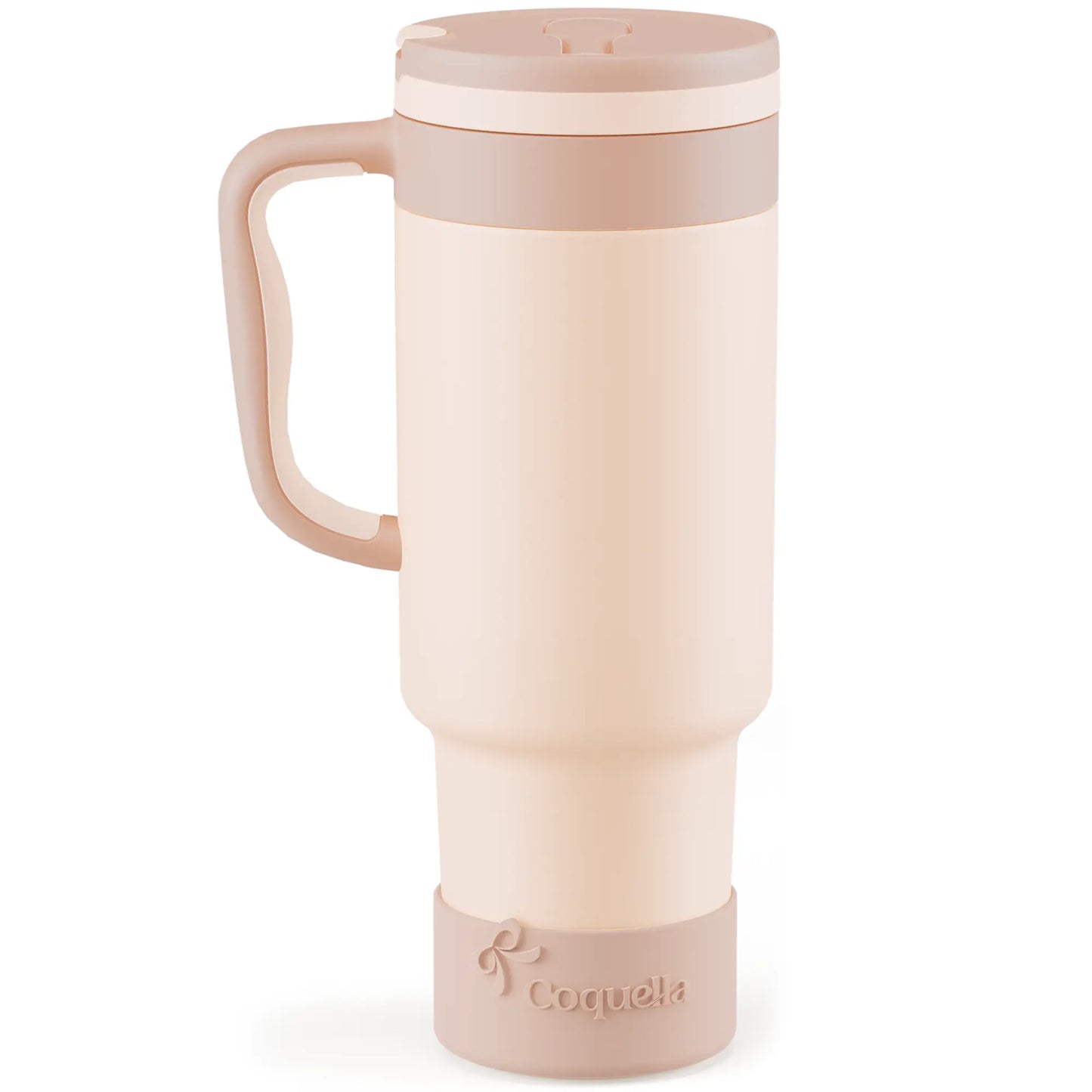 Coquella 40 Oz Insulated Tumbler with Handle and Push-Button Straw Lid, Stainless Steel Travel Cup for Gym Office, Leakproof, Bpa-Free, Cup Holder Friendly, Bow Silicone Boot, Pink (Rose Quartz)