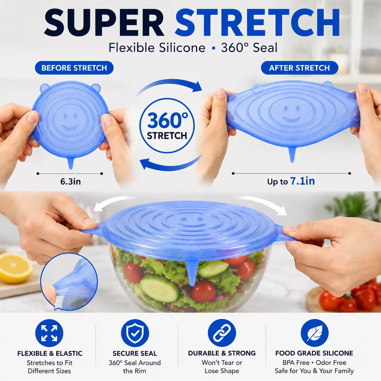 6-Pack Silicone Stretch Lids (2.6In, 3.7In, 4.3In, 5.5In, 6.3In, 7.7In) - Bpa-Free Food-Grade Reusable Covers for Bowls, Pots, Cups